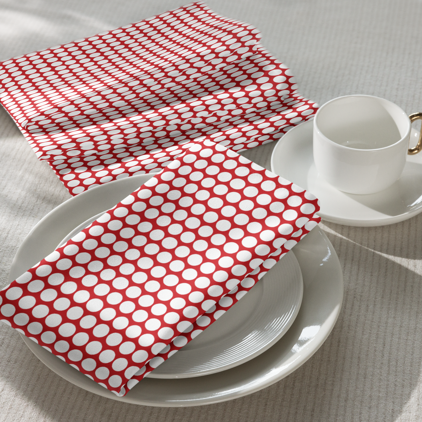White Polka Dot on Red Polyester Napkins | Christmas Holiday Cloth Napkin Set, Festive Farmhouse Dining Décor