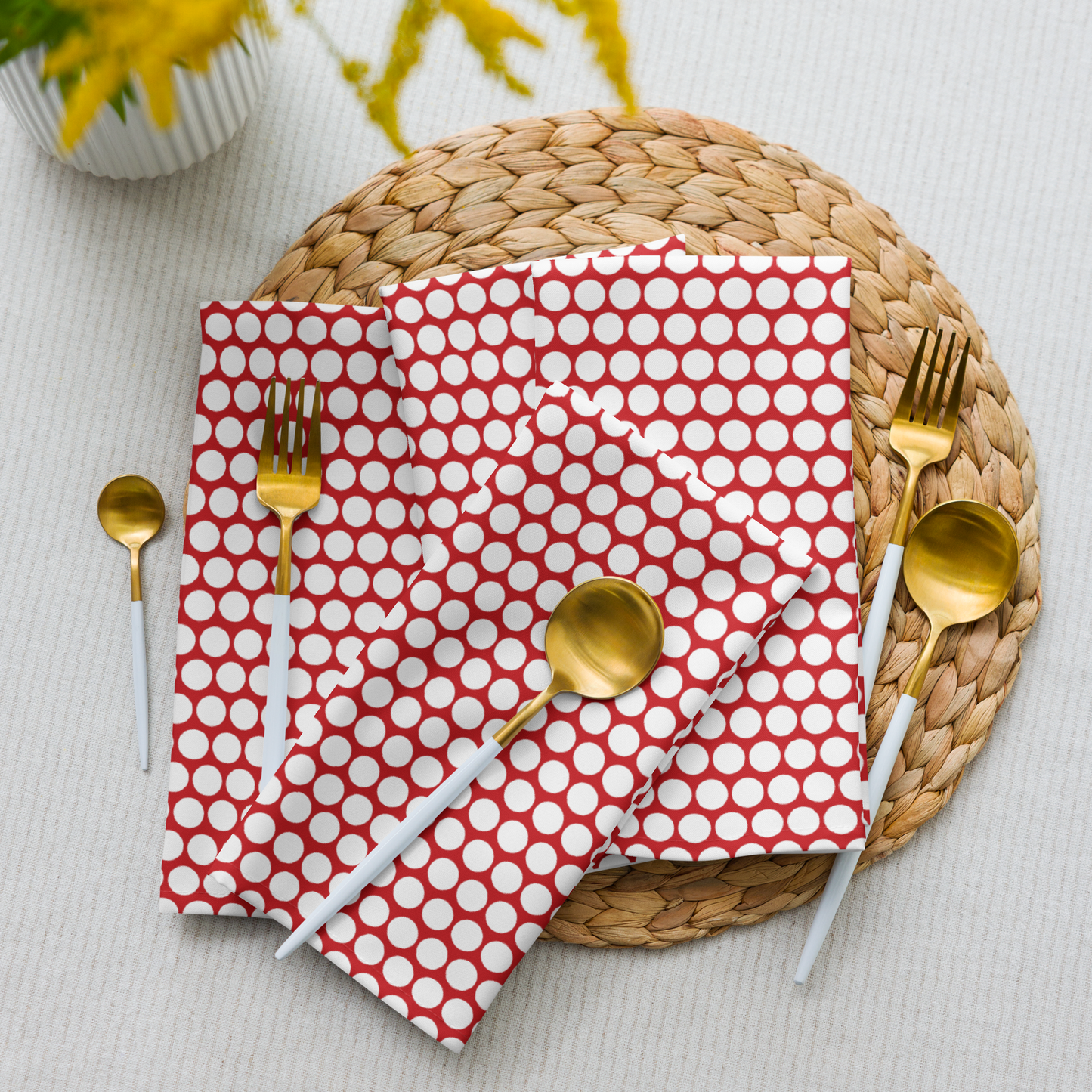 White Polka Dot on Red Polyester Napkins | Christmas Holiday Cloth Napkin Set, Festive Farmhouse Dining Décor