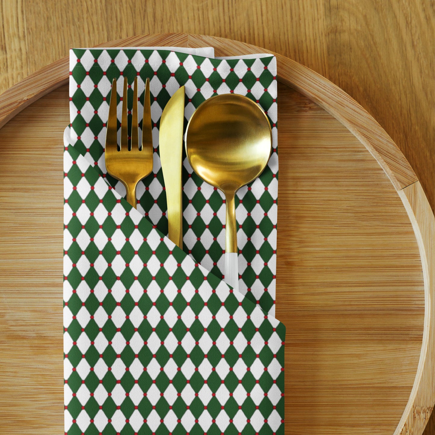 Nutcracker Drummer Green Argyle Polyester Napkins | Christmas Holiday Cloth Napkin Set, Festive Diamond Check Décor