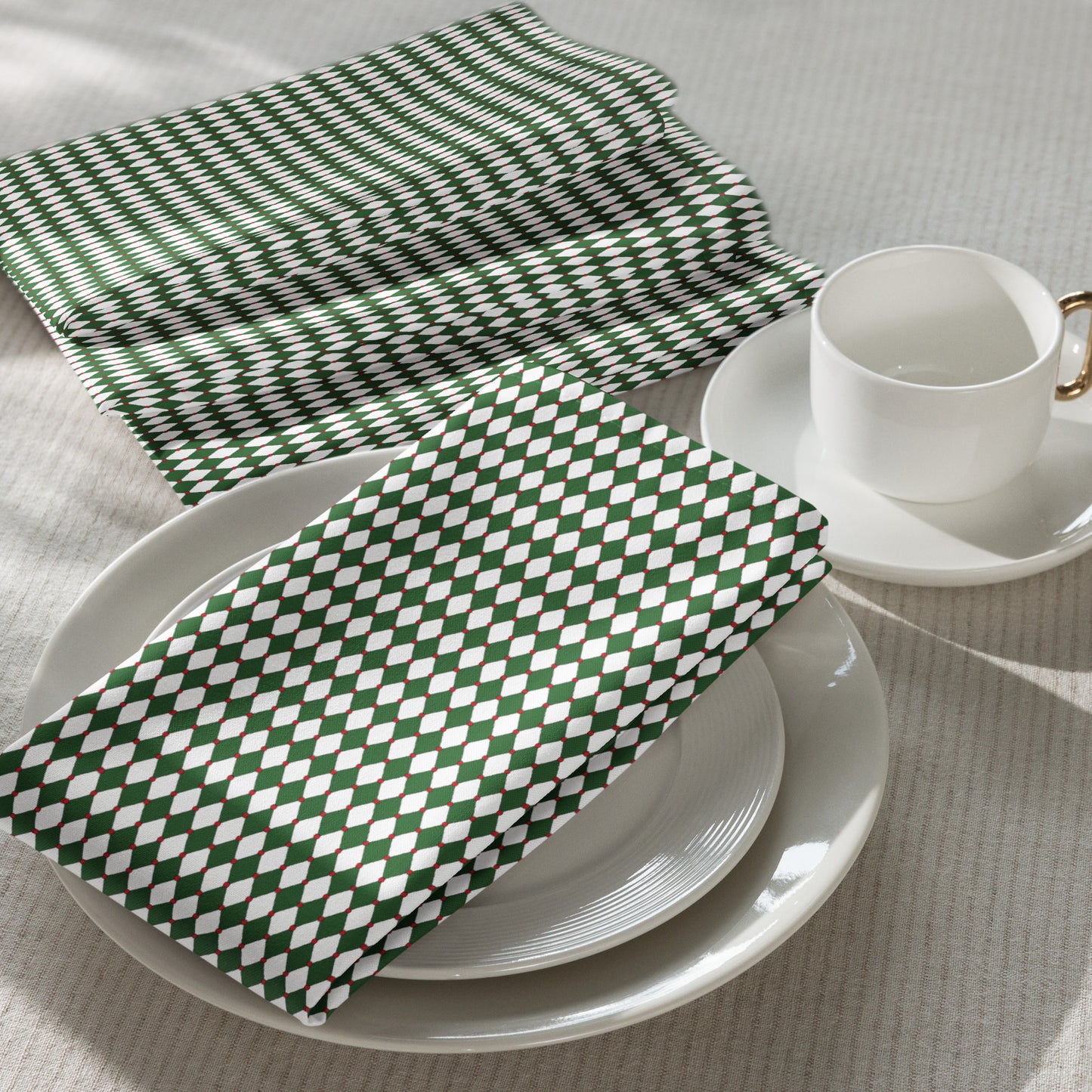Nutcracker Drummer Green Argyle Polyester Napkins | Christmas Holiday Cloth Napkin Set, Festive Diamond Check Décor