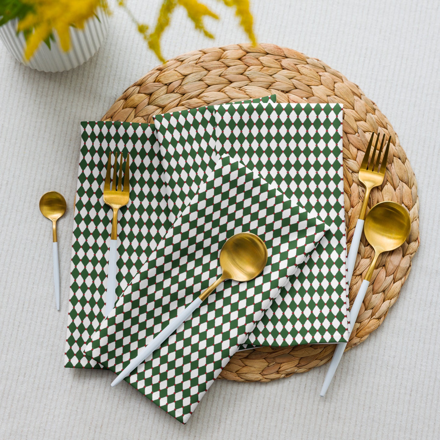 Nutcracker Drummer Green Argyle Polyester Napkins | Christmas Holiday Cloth Napkin Set, Festive Diamond Check Décor