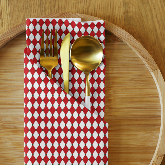 Nutcracker Drummer Red Argyle Polyester Napkins | Christmas Holiday Cloth Napkin Set, Festive Diamond Check Décor
