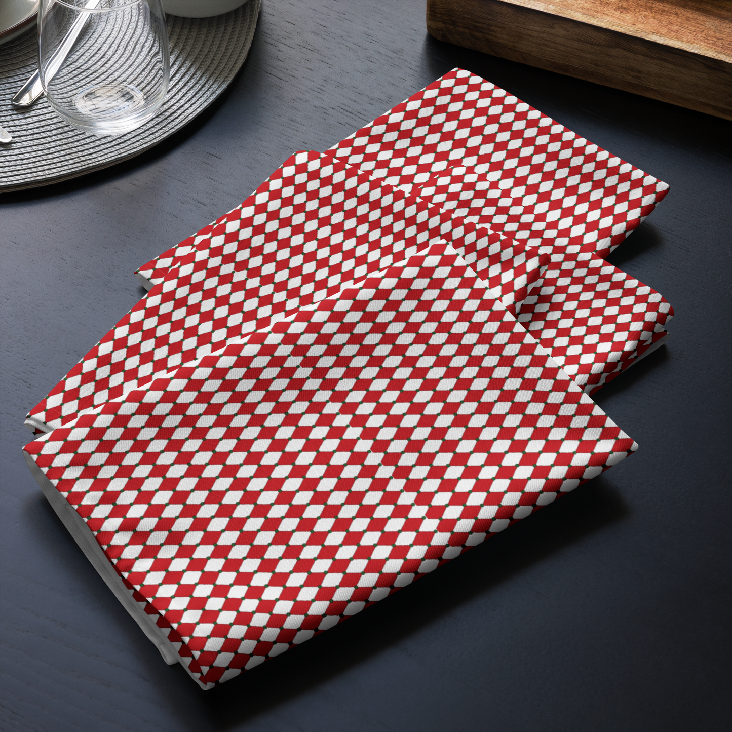 Nutcracker Drummer Red Argyle Polyester Napkins | Christmas Holiday Cloth Napkin Set, Festive Diamond Check Décor