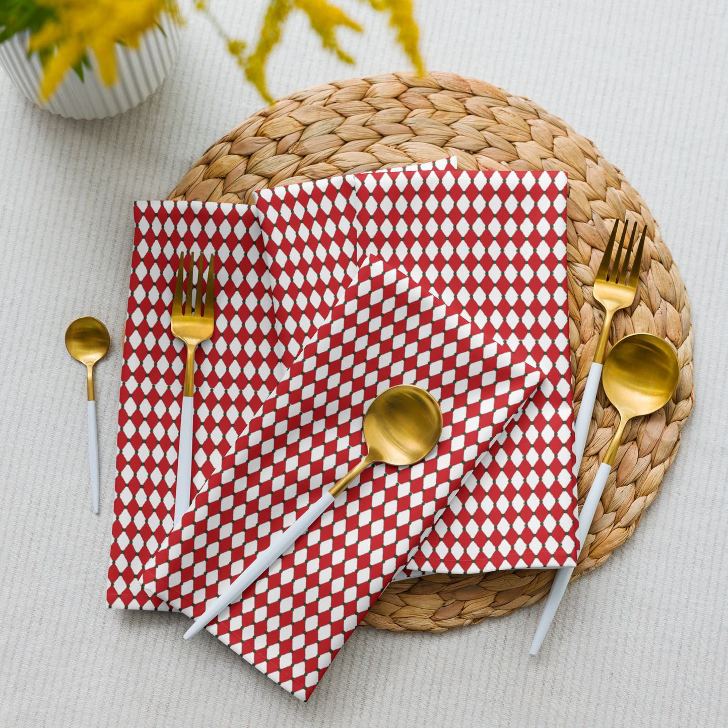 Nutcracker Drummer Red Argyle Polyester Napkins | Christmas Holiday Cloth Napkin Set, Festive Diamond Check Décor