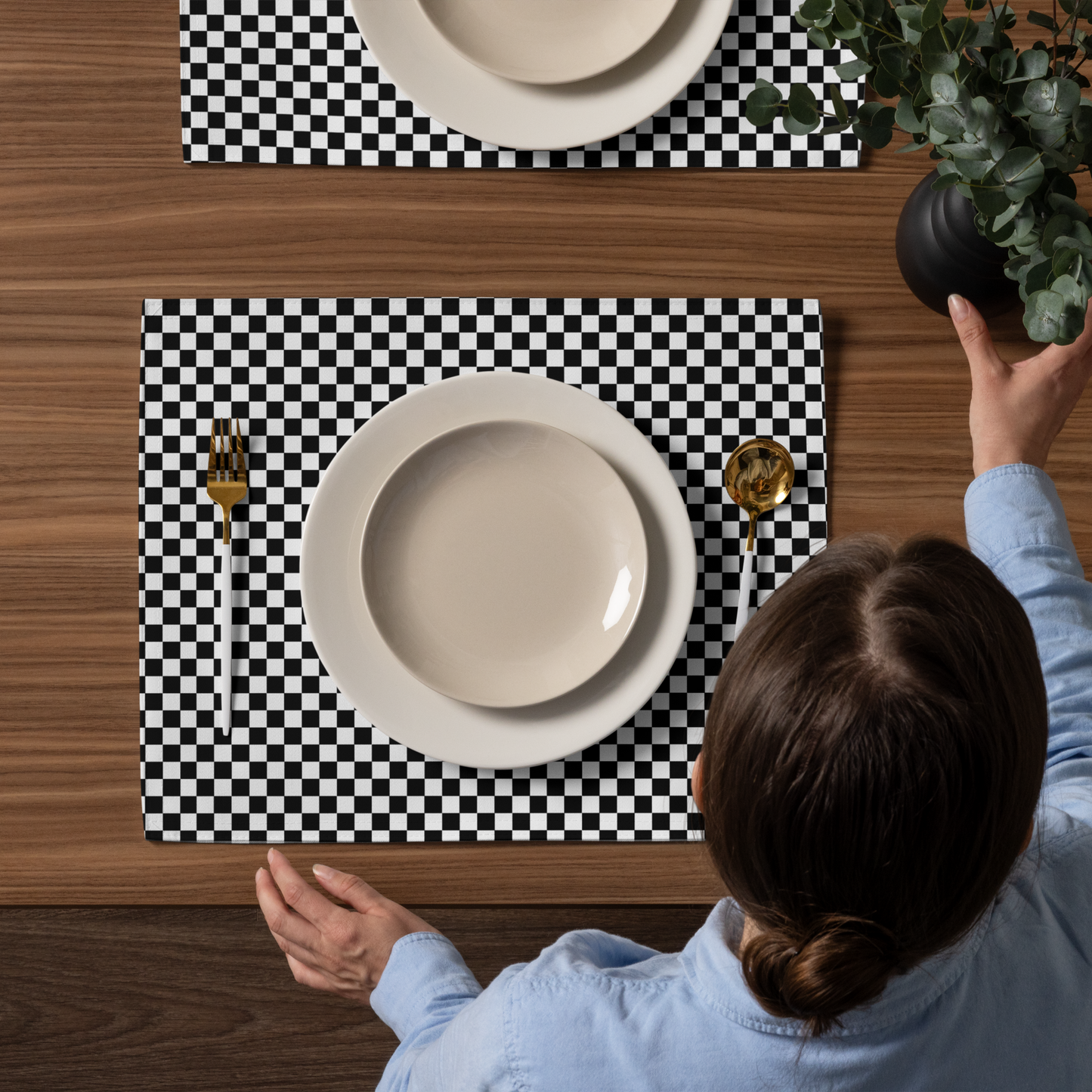 Black & White Check Polyester Placemats | Christmas Holiday Table Décor, Festive Farmhouse Dining Mat Set, Washable