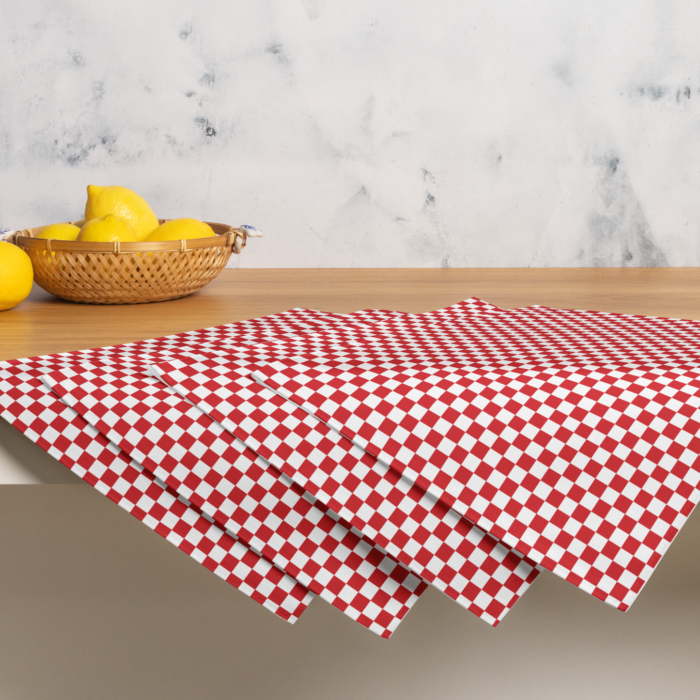 Red & White Check Polyester Placemats | Christmas Holiday Cloth Dining Mat Set, Festive Farmhouse Décor, Washable