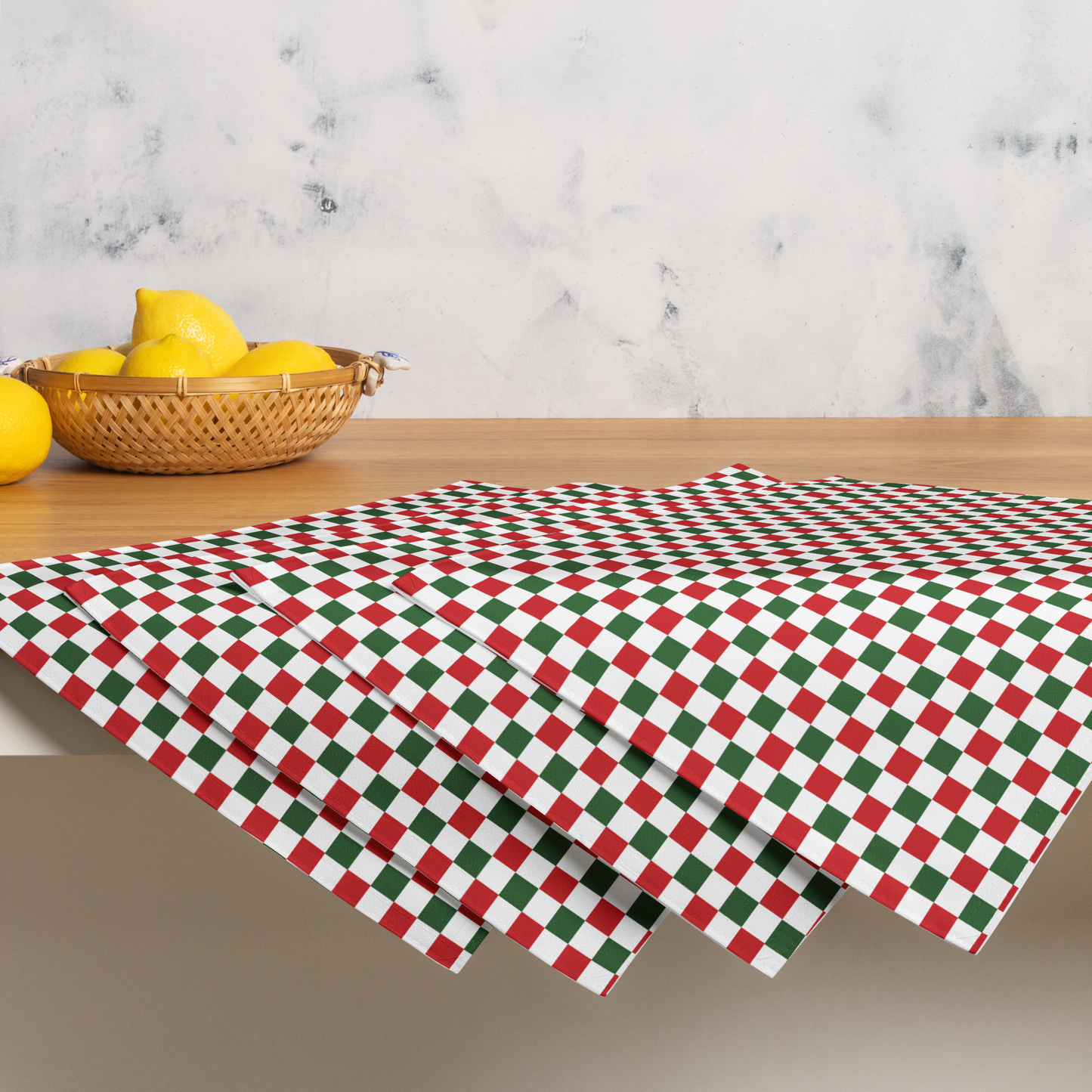 Red Green & White Gingham Polyester Placemats | Christmas Holiday Dining Décor, Festive Farmhouse Washable Mat Set