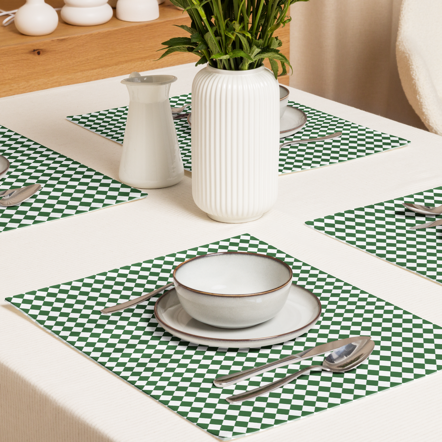 Green & White Argyle Polyester Placemats | Christmas Holiday Dining Décor, Festive Farmhouse Diamond Check Mat Set