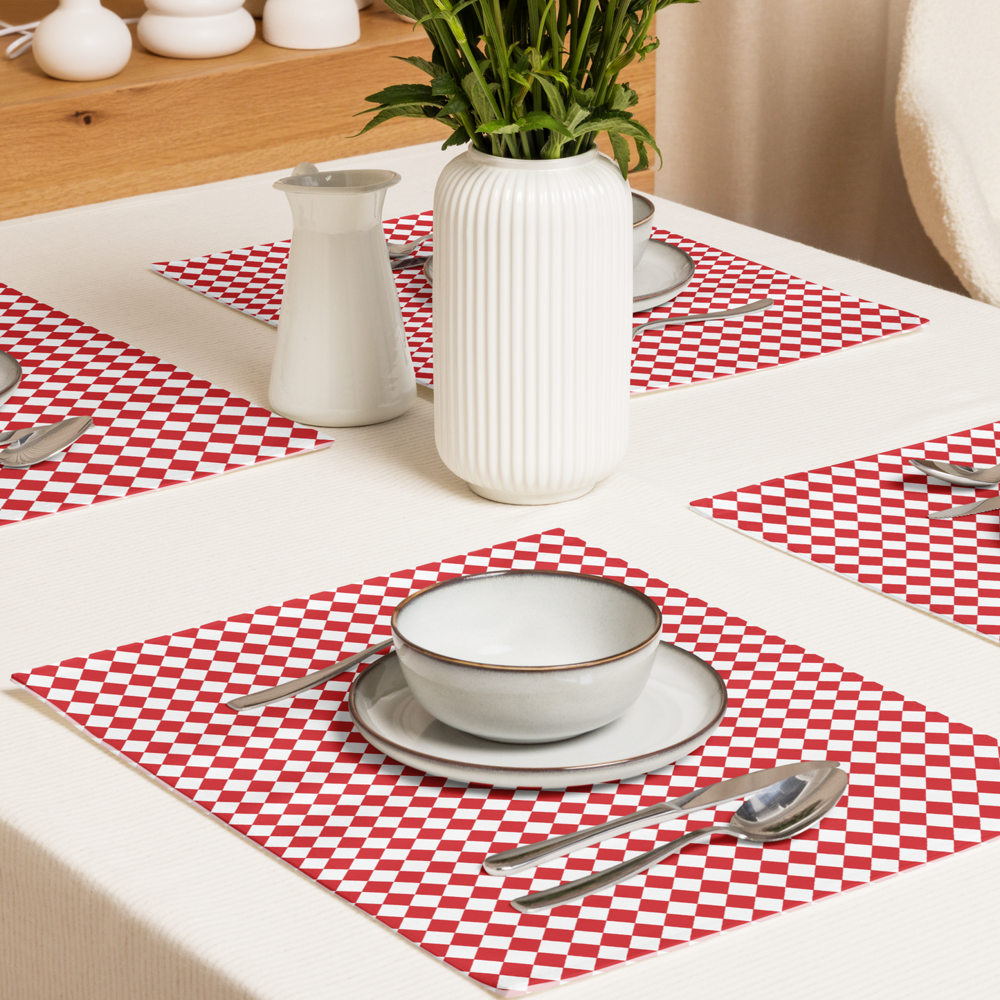 Red & White Argyle Polyester Placemats | Christmas Holiday Cloth Dining Mat Set, Festive Diamond Check Décor