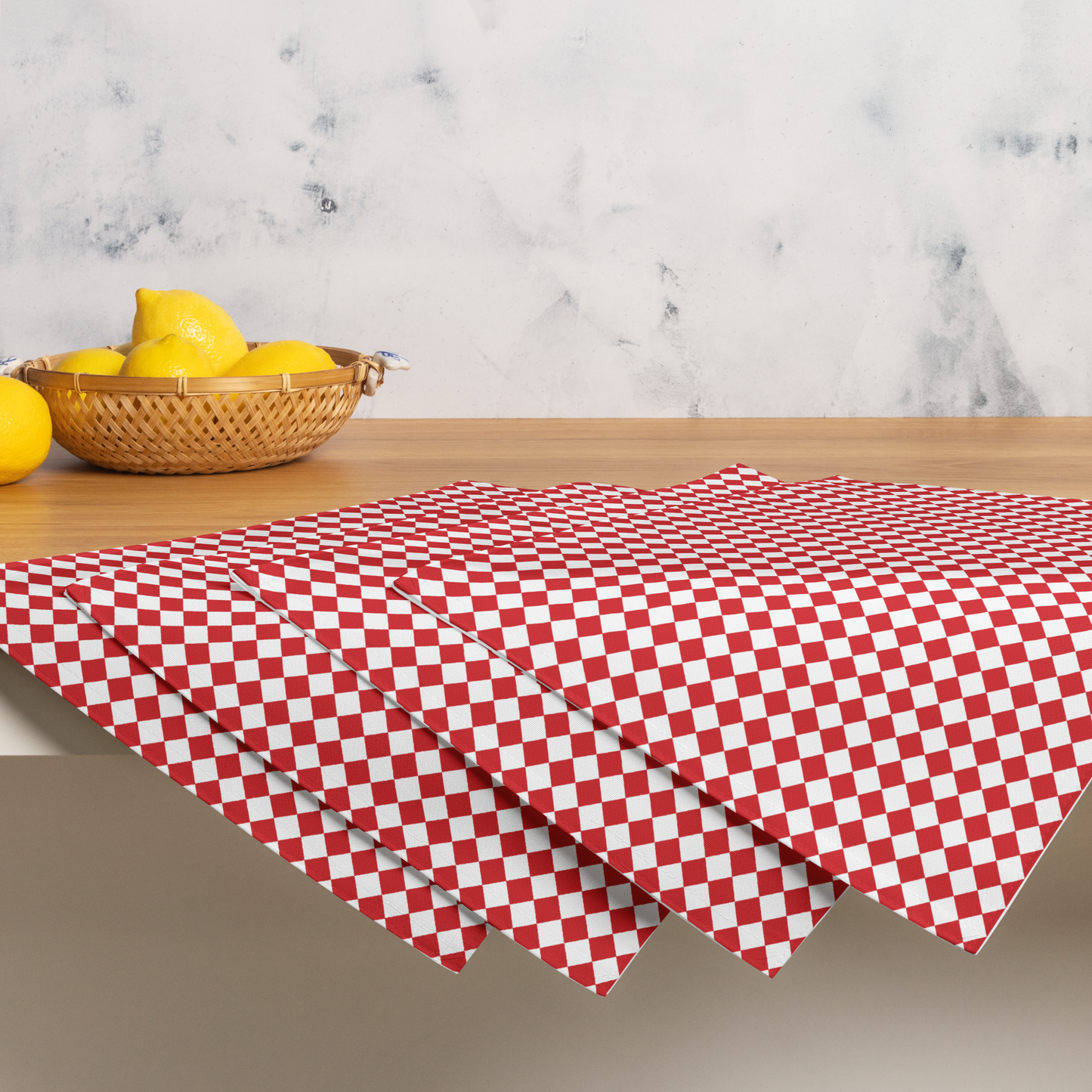 Red & White Argyle Polyester Placemats | Christmas Holiday Cloth Dining Mat Set, Festive Diamond Check Décor