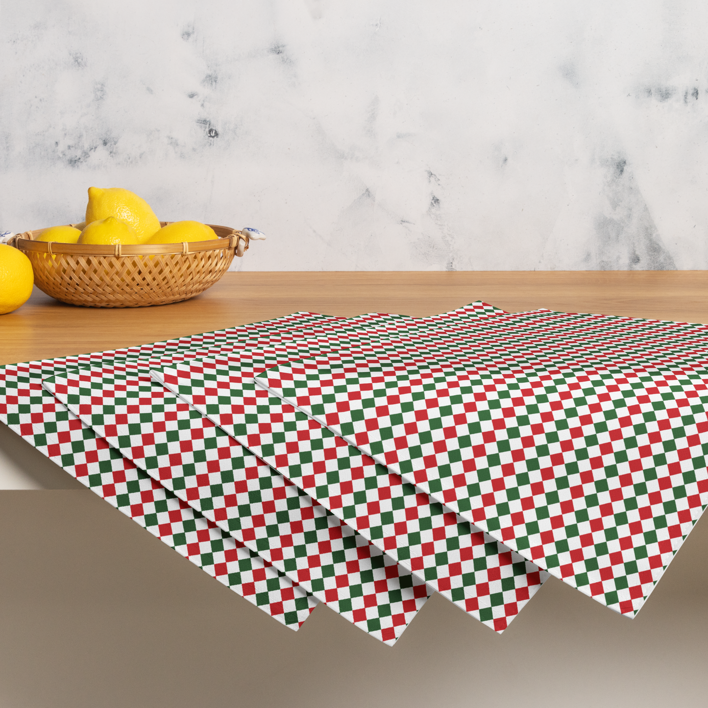 Red Green & White Argyle Polyester Placemats | Christmas Holiday Cloth Dining Mat Set, Festive Diamond Check Décor