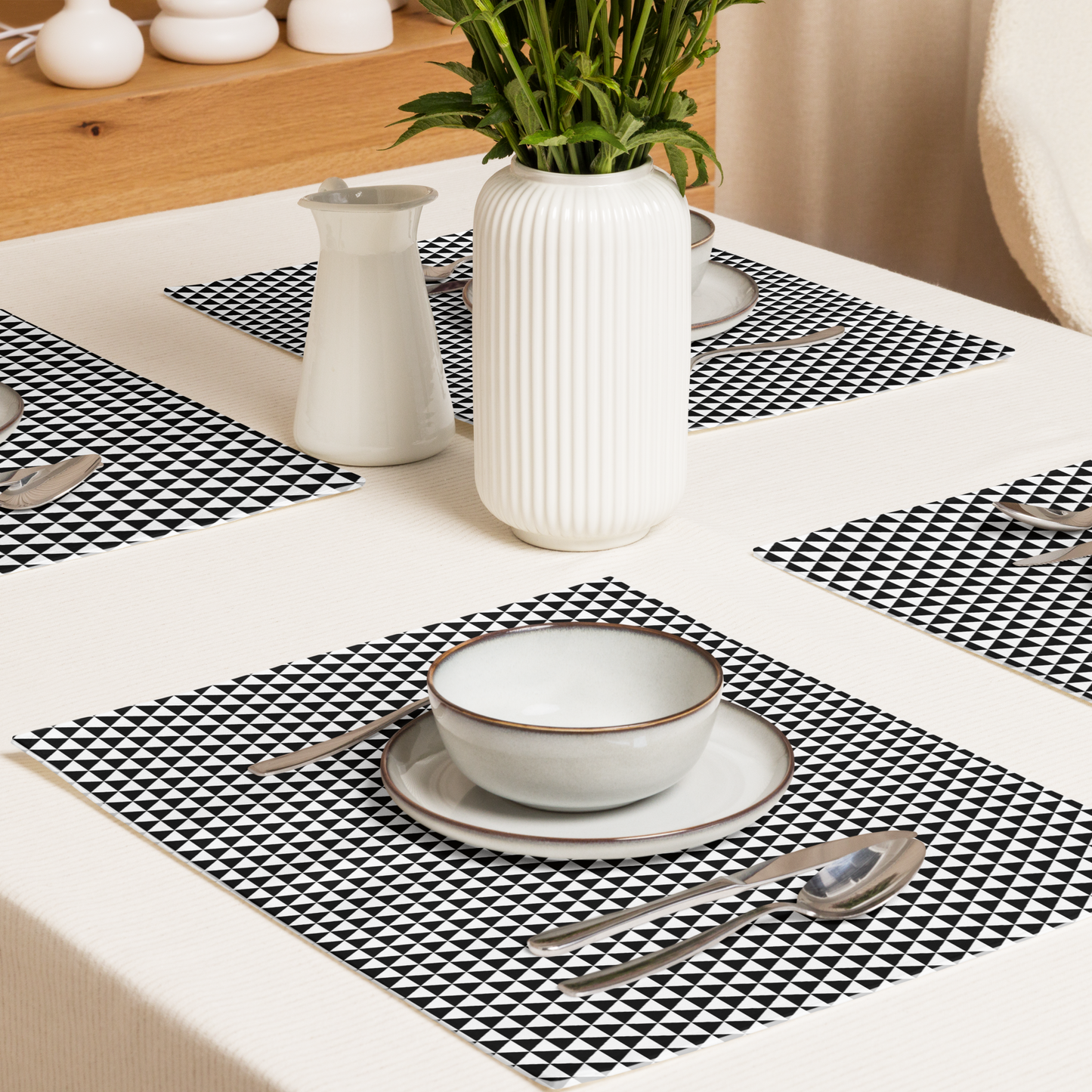 Black Triangle Polyester Placemats | Modern Christmas Holiday Dining Décor, Bold Geometric Washable Table Mat Set