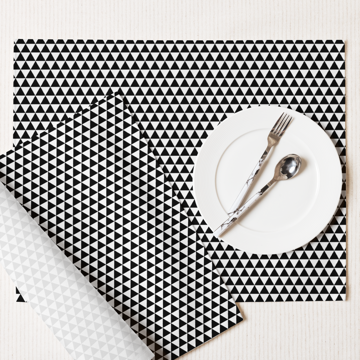 Black Triangle Polyester Placemats | Modern Christmas Holiday Dining Décor, Bold Geometric Washable Table Mat Set