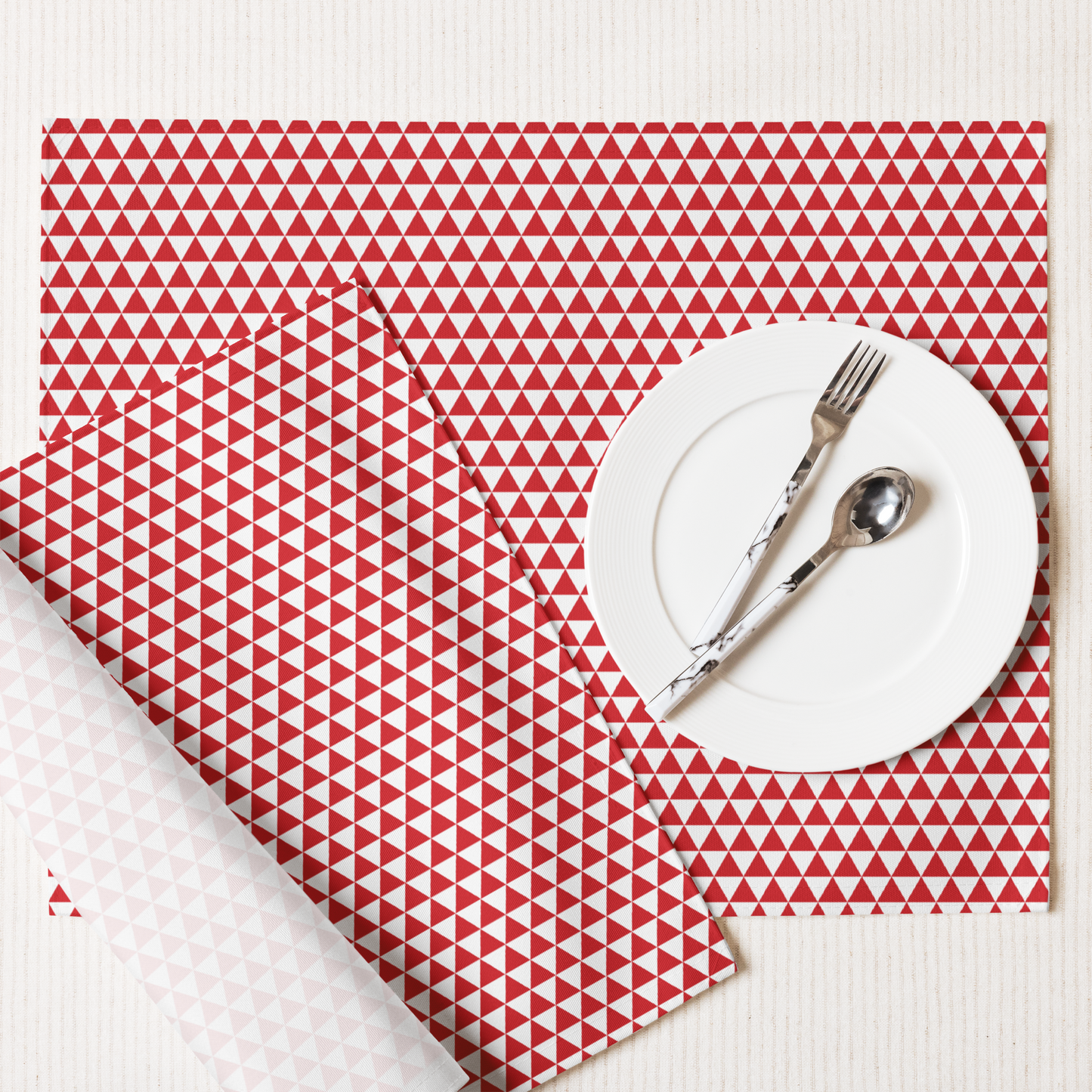 Red Triangle Polyester Placemats | Bold Christmas Holiday Dining Décor, Festive Washable Table Mat Set