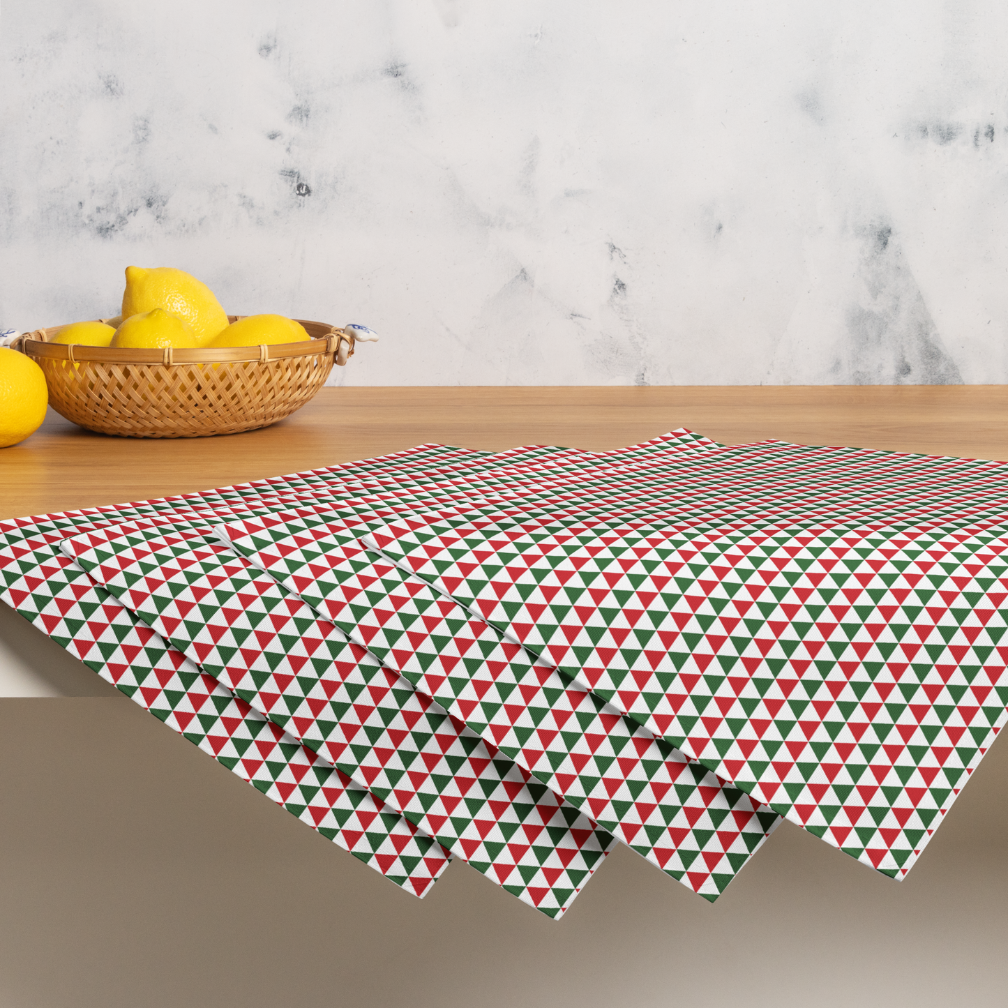 Striped Red & Green Triangle Polyester Placemats | Christmas Holiday Dining Décor, Festive Farmhouse Washable Mat Set