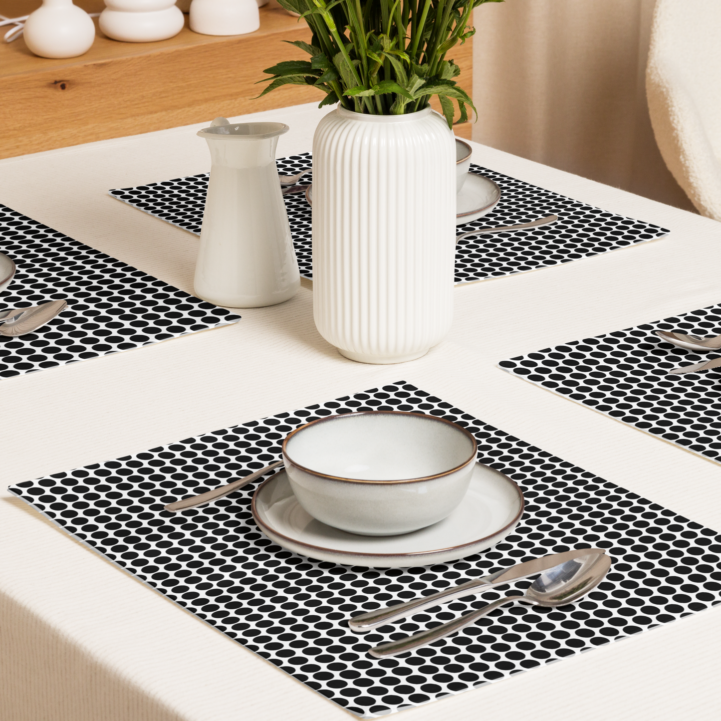 Black Polka Dot Polyester Placemats | Christmas Holiday Dining Décor, Bold Festive Farmhouse Washable Table Mat Set