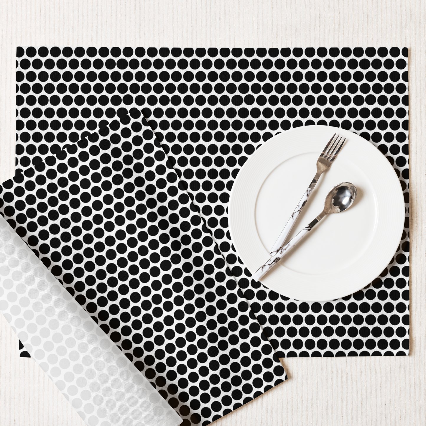 Black Polka Dot Polyester Placemats | Christmas Holiday Dining Décor, Bold Festive Farmhouse Washable Table Mat Set
