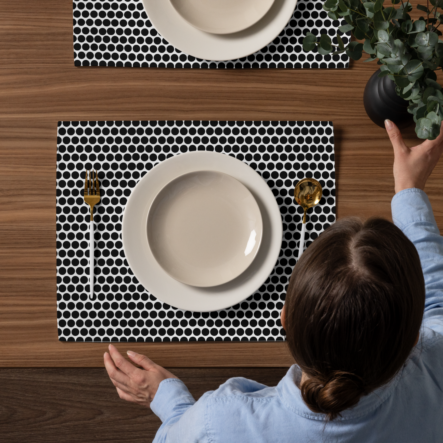Black Polka Dot Polyester Placemats | Christmas Holiday Dining Décor, Bold Festive Farmhouse Washable Table Mat Set