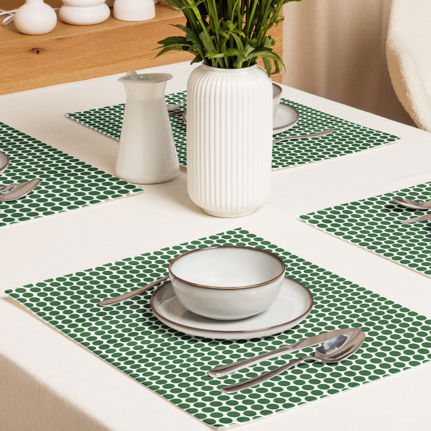 Green Polka Dot Polyester Placemats | Christmas Holiday Dining Décor, Festive Farmhouse Washable Table Mat Set