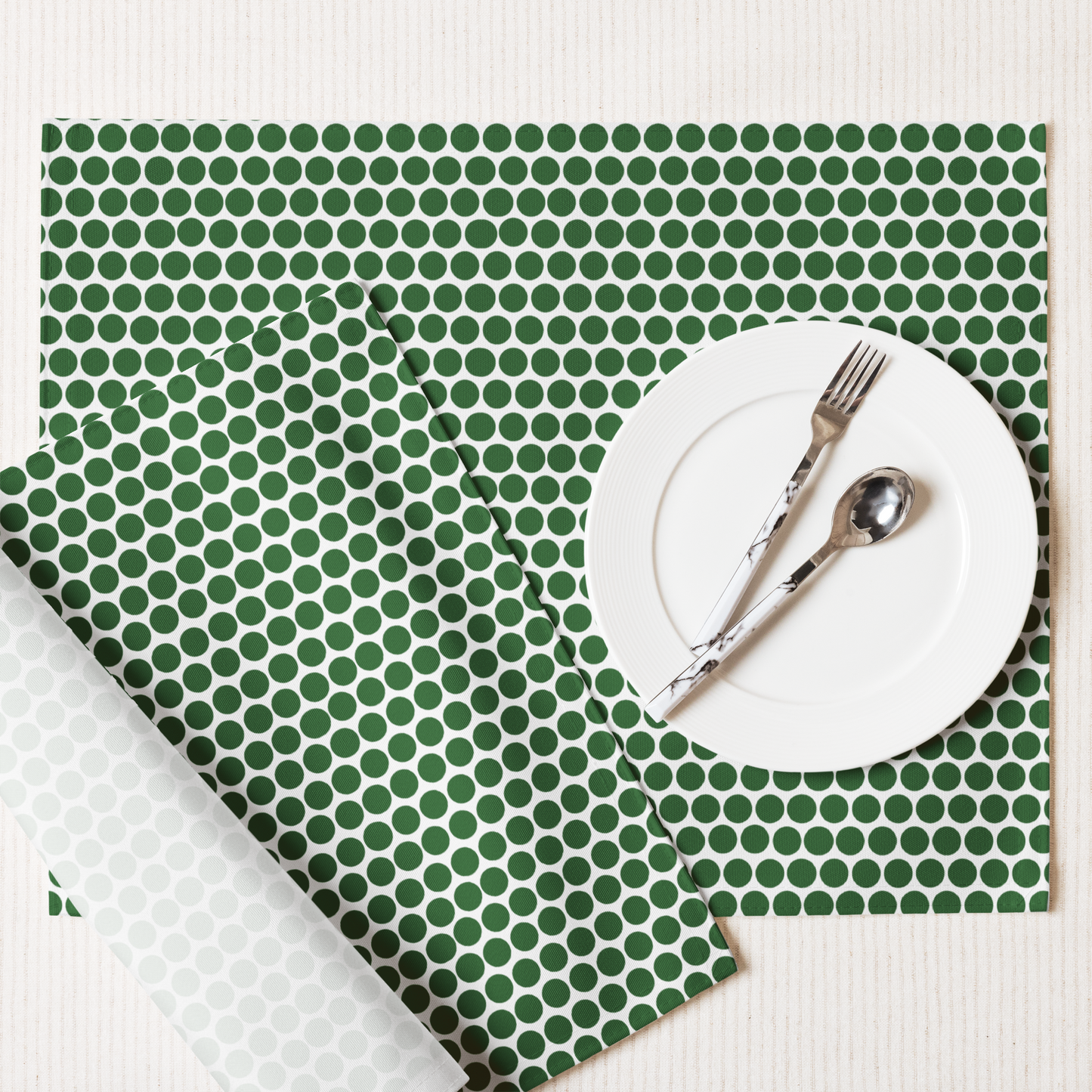 Green Polka Dot Polyester Placemats | Christmas Holiday Dining Décor, Festive Farmhouse Washable Table Mat Set