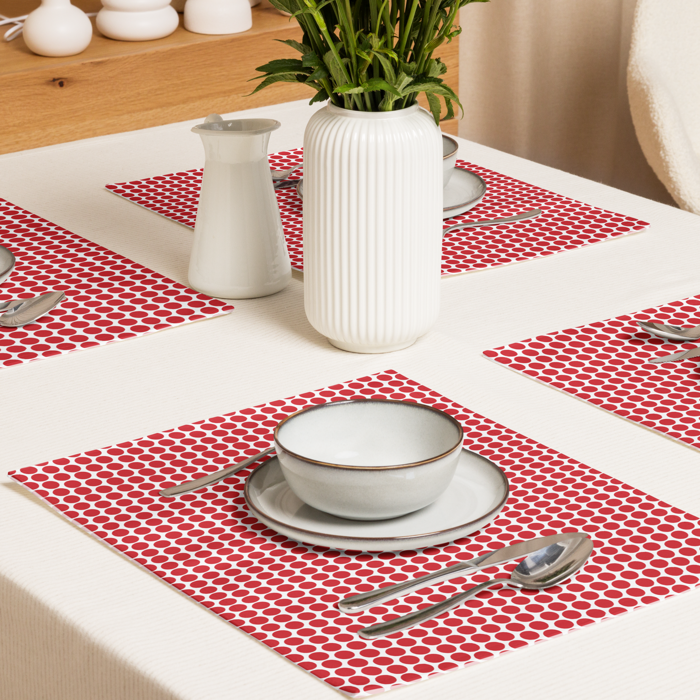 Red Polka Dot Polyester Placemats | Christmas Holiday Dining Décor, Bold Festive Farmhouse Washable Table Mat Set