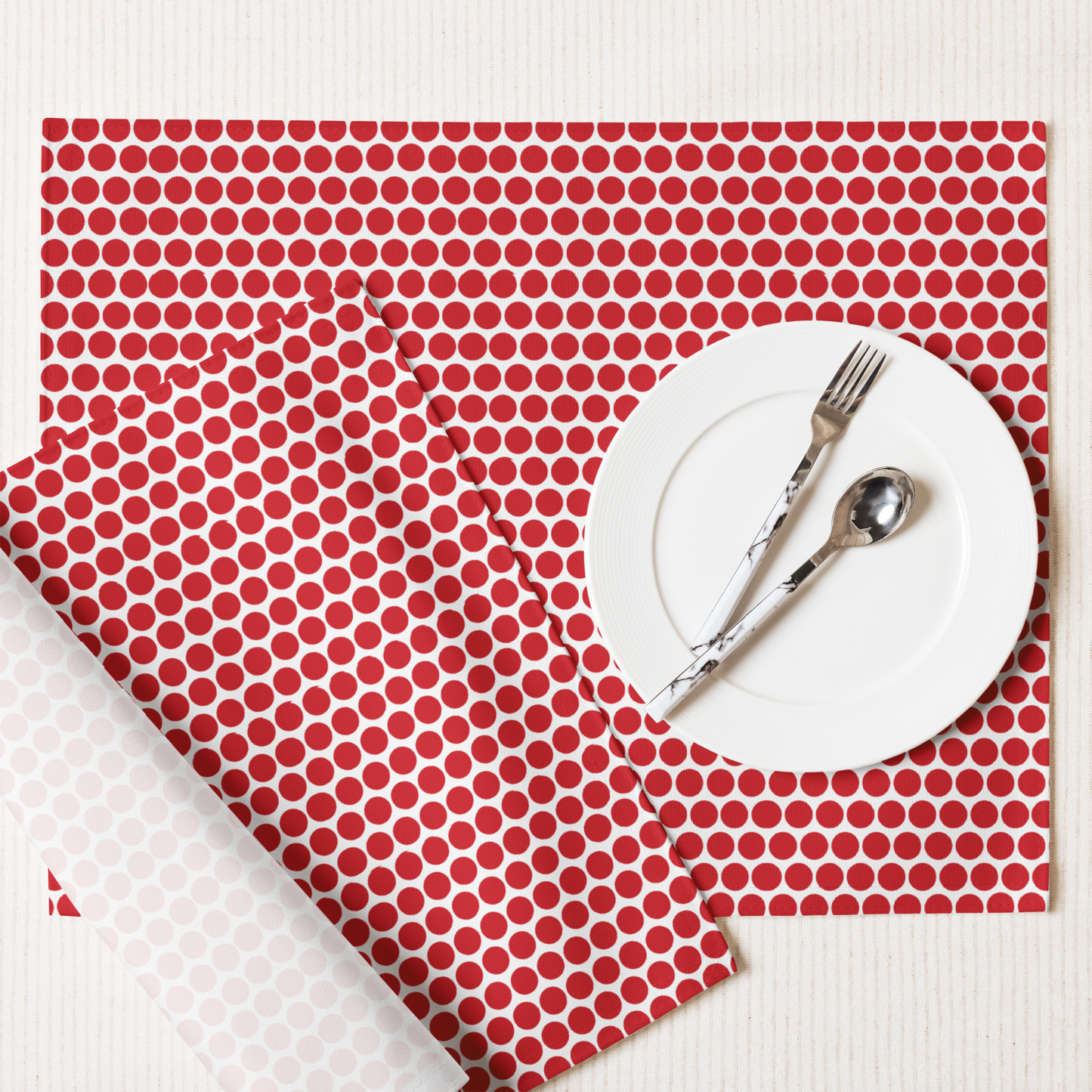 Red Polka Dot Polyester Placemats | Christmas Holiday Dining Décor, Bold Festive Farmhouse Washable Table Mat Set
