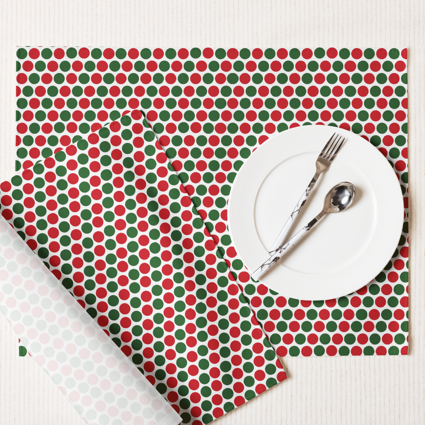 Red & Green Polka Dot Party Polyester Placemats | Christmas Holiday Dining Décor, Festive Scattered Washable Mat Set