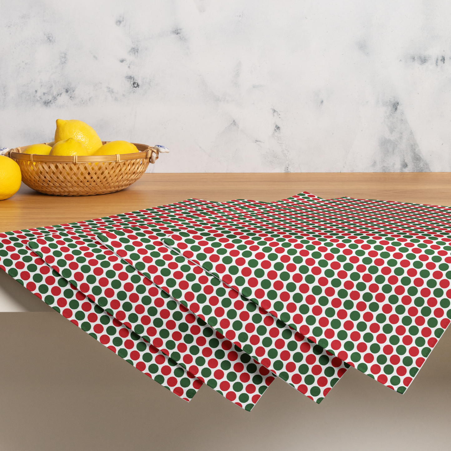 Red & Green Polka Dot Party Polyester Placemats | Christmas Holiday Dining Décor, Festive Scattered Washable Mat Set
