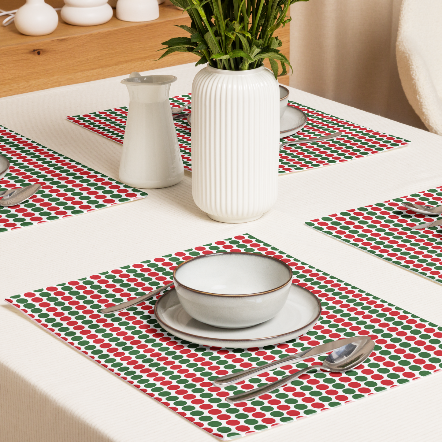 Red & Green Polka Dot Polyester Placemats | Christmas Holiday Dining Décor, Festive Farmhouse Washable Table Mat Set