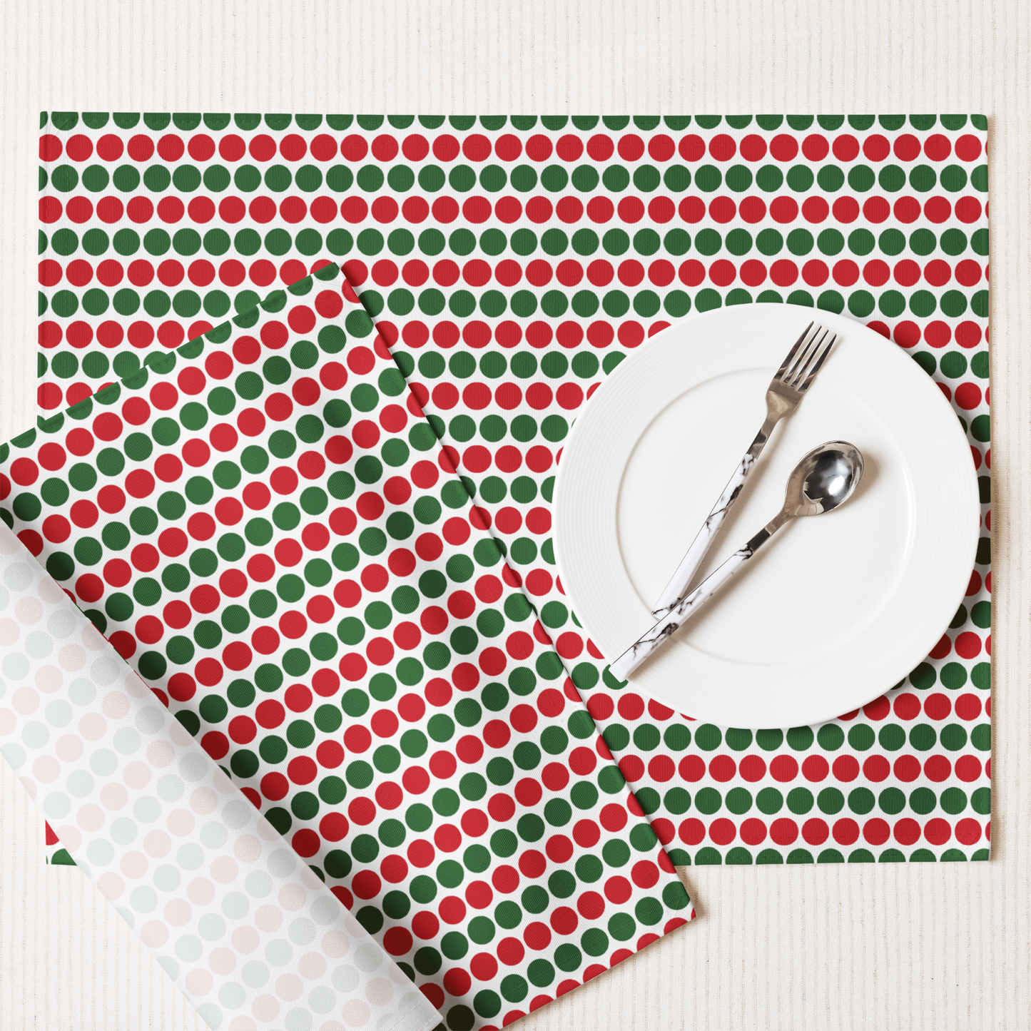 Red & Green Polka Dot Polyester Placemats | Christmas Holiday Dining Décor, Festive Farmhouse Washable Table Mat Set