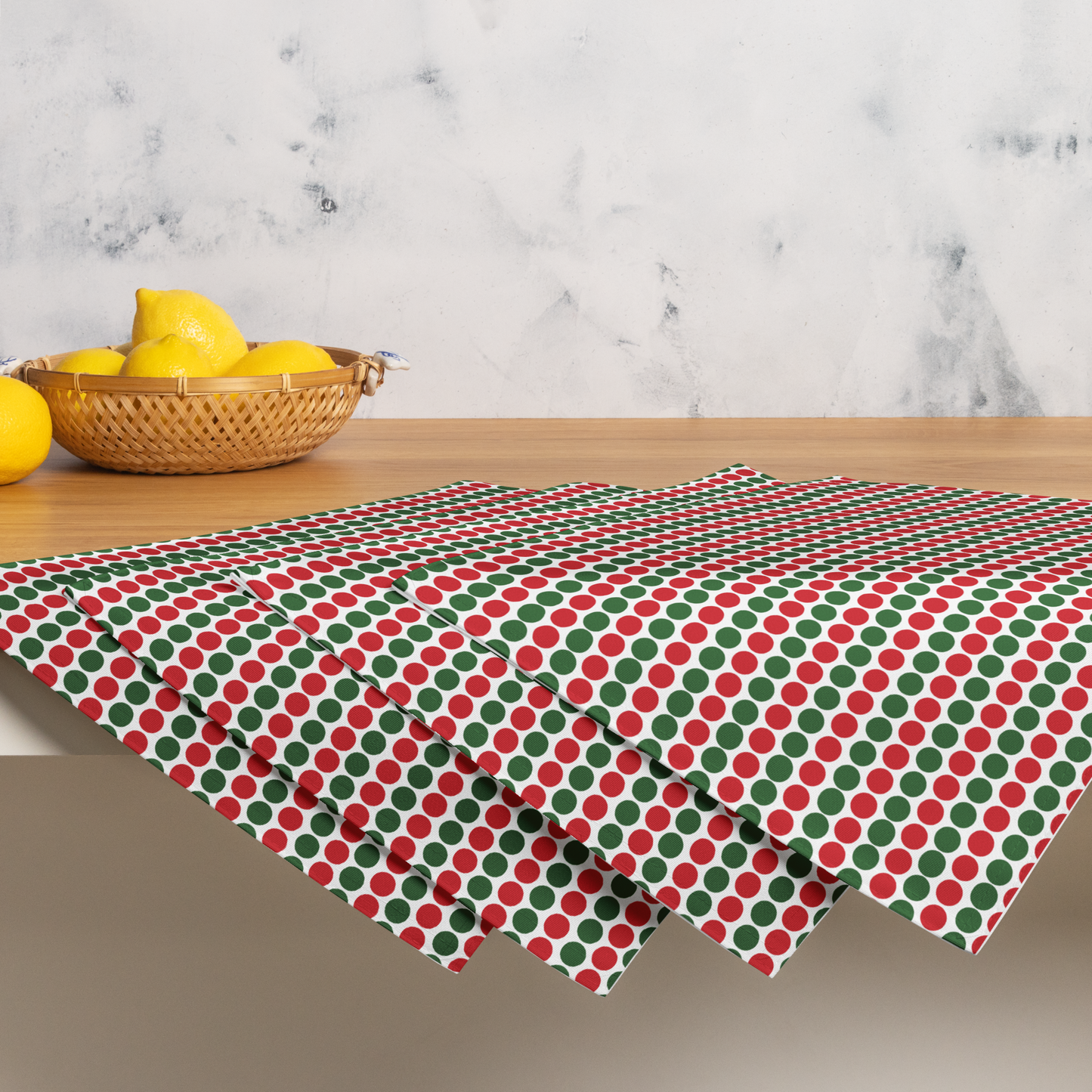 Red & Green Polka Dot Polyester Placemats | Christmas Holiday Dining Décor, Festive Farmhouse Washable Table Mat Set