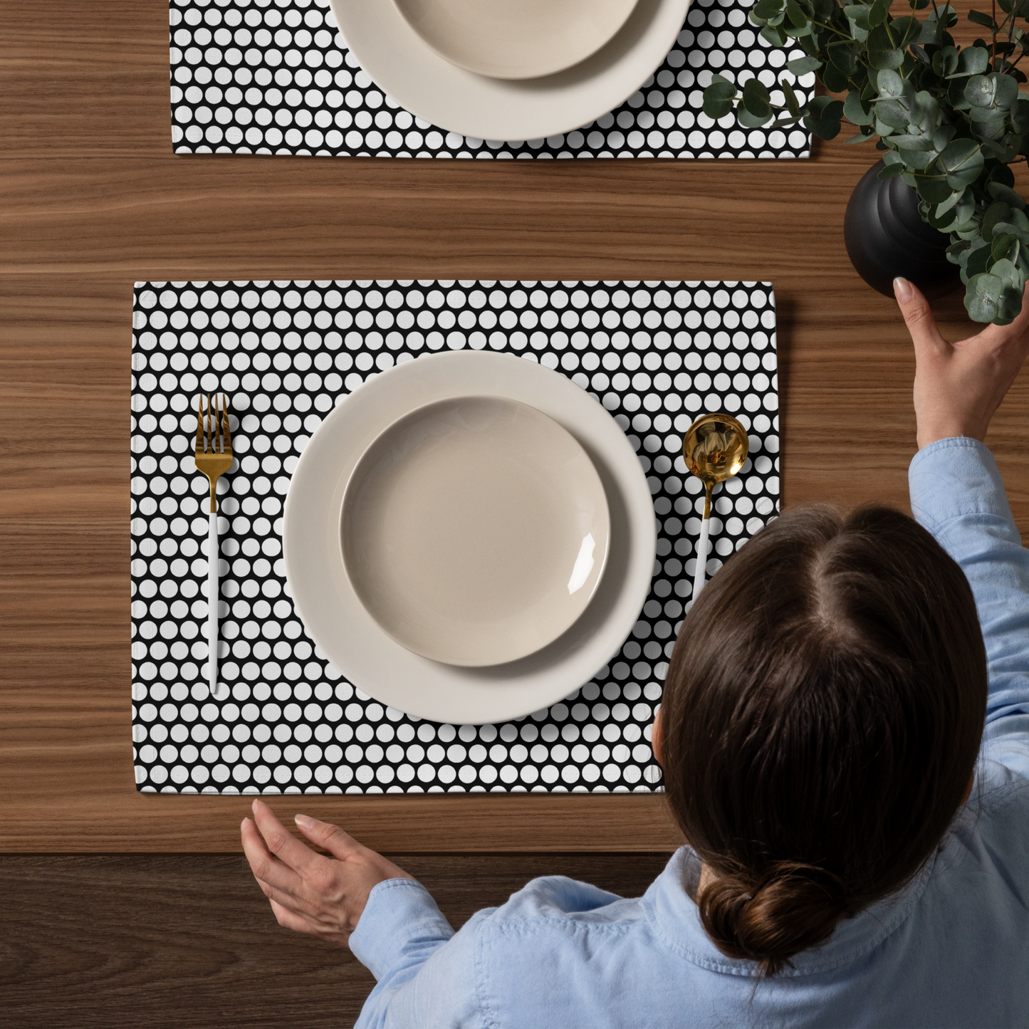 White Polka Dot on Black Polyester Placemats | Christmas Holiday Dining Décor, Bold Festive Washable Table Mat Set