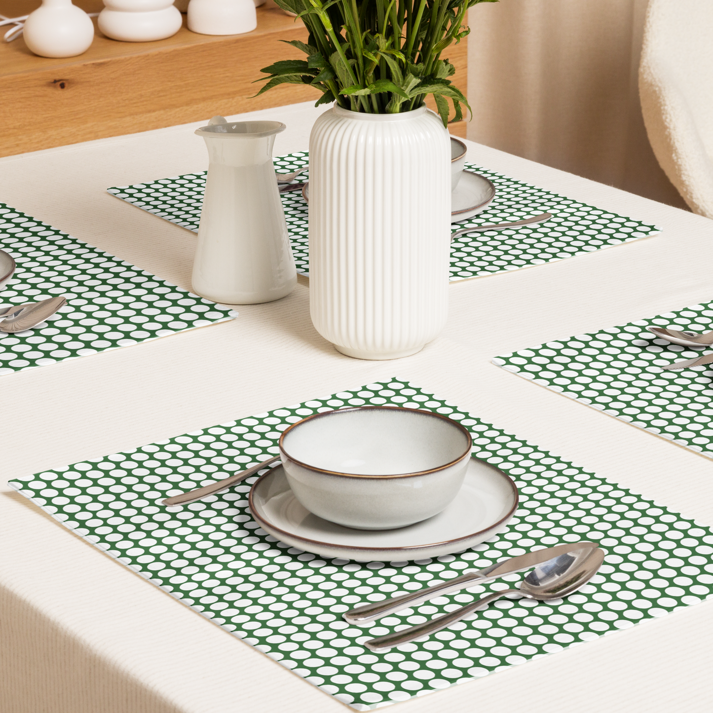 White Polka Dot on Green Polyester Placemats | Christmas Holiday Dining Décor, Festive Rustic Washable Table Mat Set