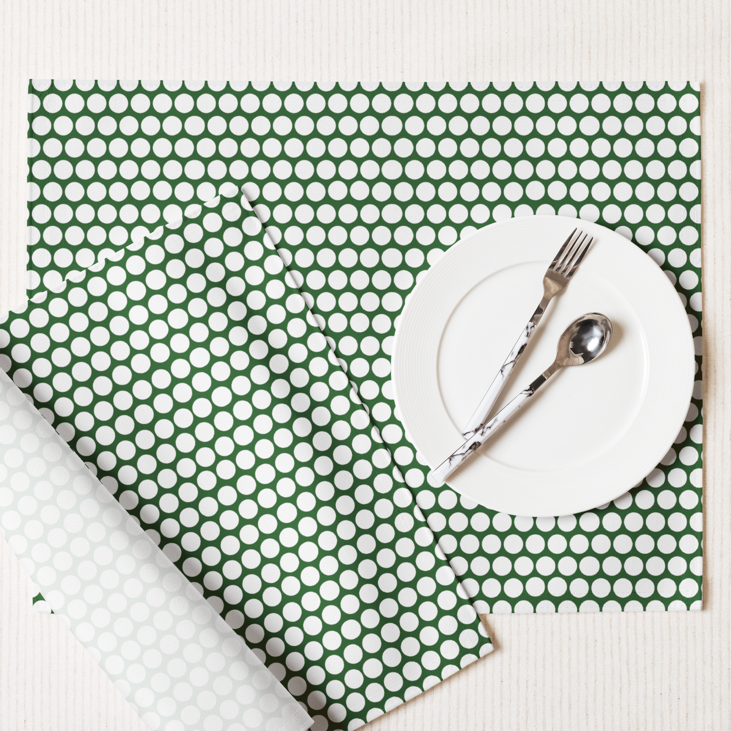 White Polka Dot on Green Polyester Placemats | Christmas Holiday Dining Décor, Festive Rustic Washable Table Mat Set