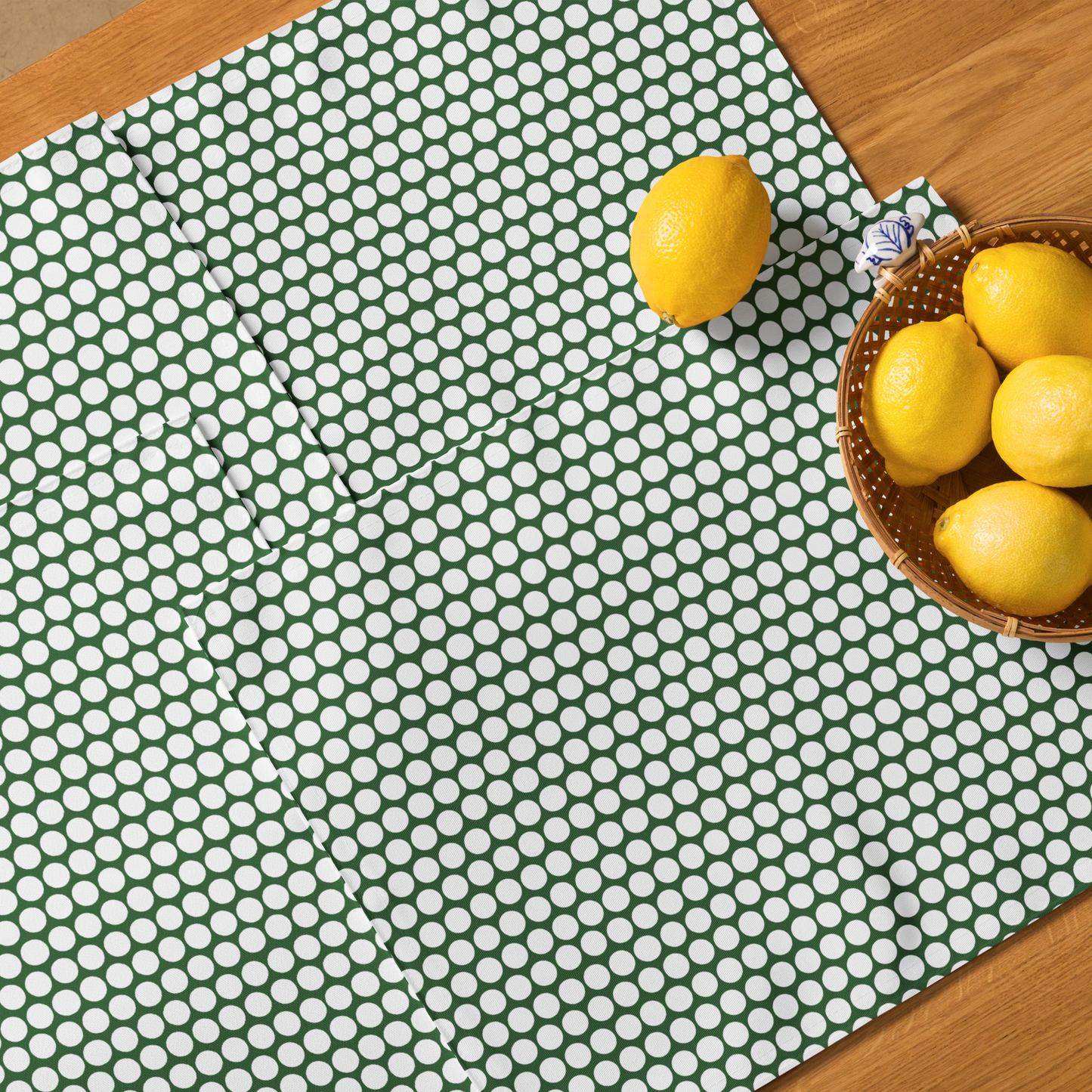 White Polka Dot on Green Polyester Placemats | Christmas Holiday Dining Décor, Festive Rustic Washable Table Mat Set