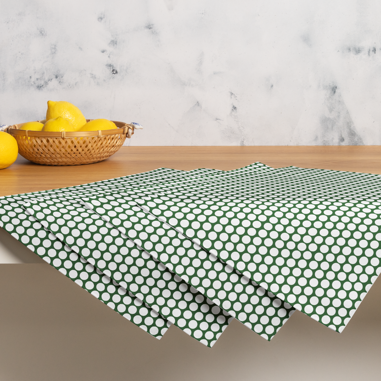 White Polka Dot on Green Polyester Placemats | Christmas Holiday Dining Décor, Festive Rustic Washable Table Mat Set