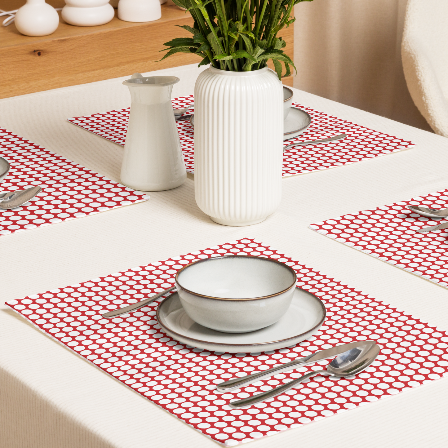 White Polka Dot on Red Polyester Placemats | Christmas Holiday Dining Décor, Festive Washable Farmhouse Table Mat Set