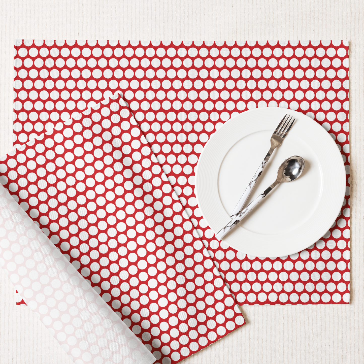 White Polka Dot on Red Polyester Placemats | Christmas Holiday Dining Décor, Festive Washable Farmhouse Table Mat Set