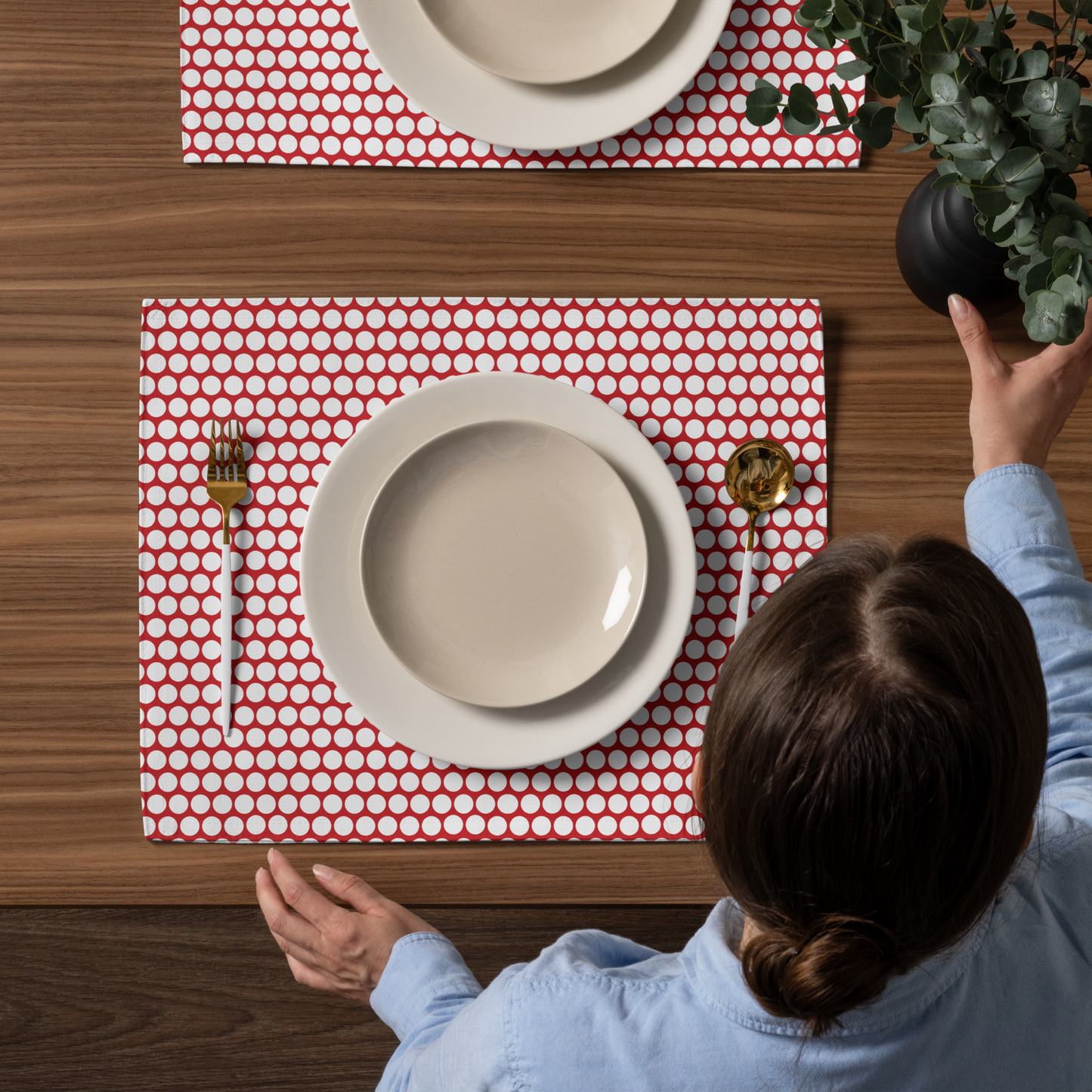 White Polka Dot on Red Polyester Placemats | Christmas Holiday Dining Décor, Festive Washable Farmhouse Table Mat Set