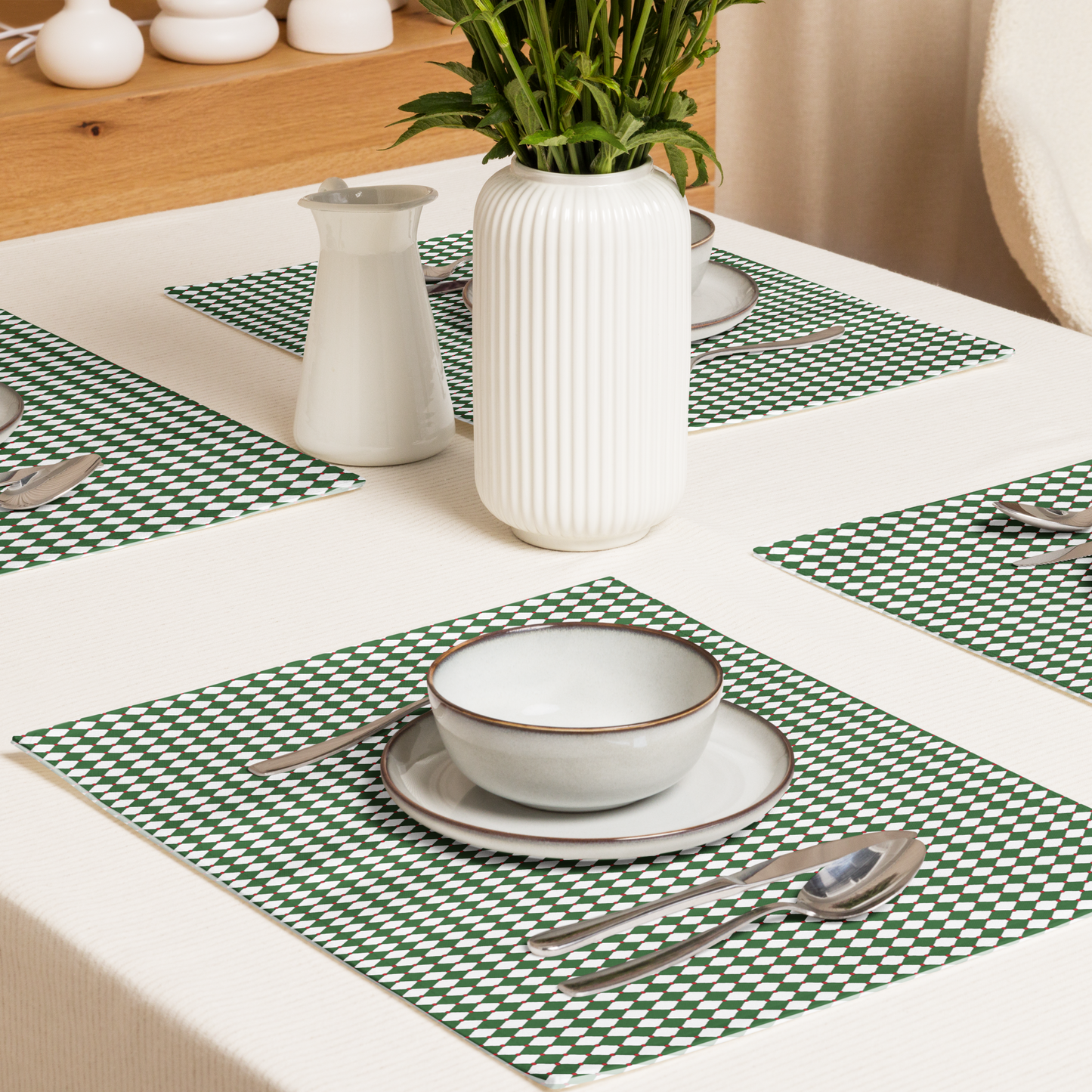 Nutcracker Drummer Green Argyle Polyester Placemats | Christmas Holiday Cloth Dining Mat Set, Festive Diamond Décor