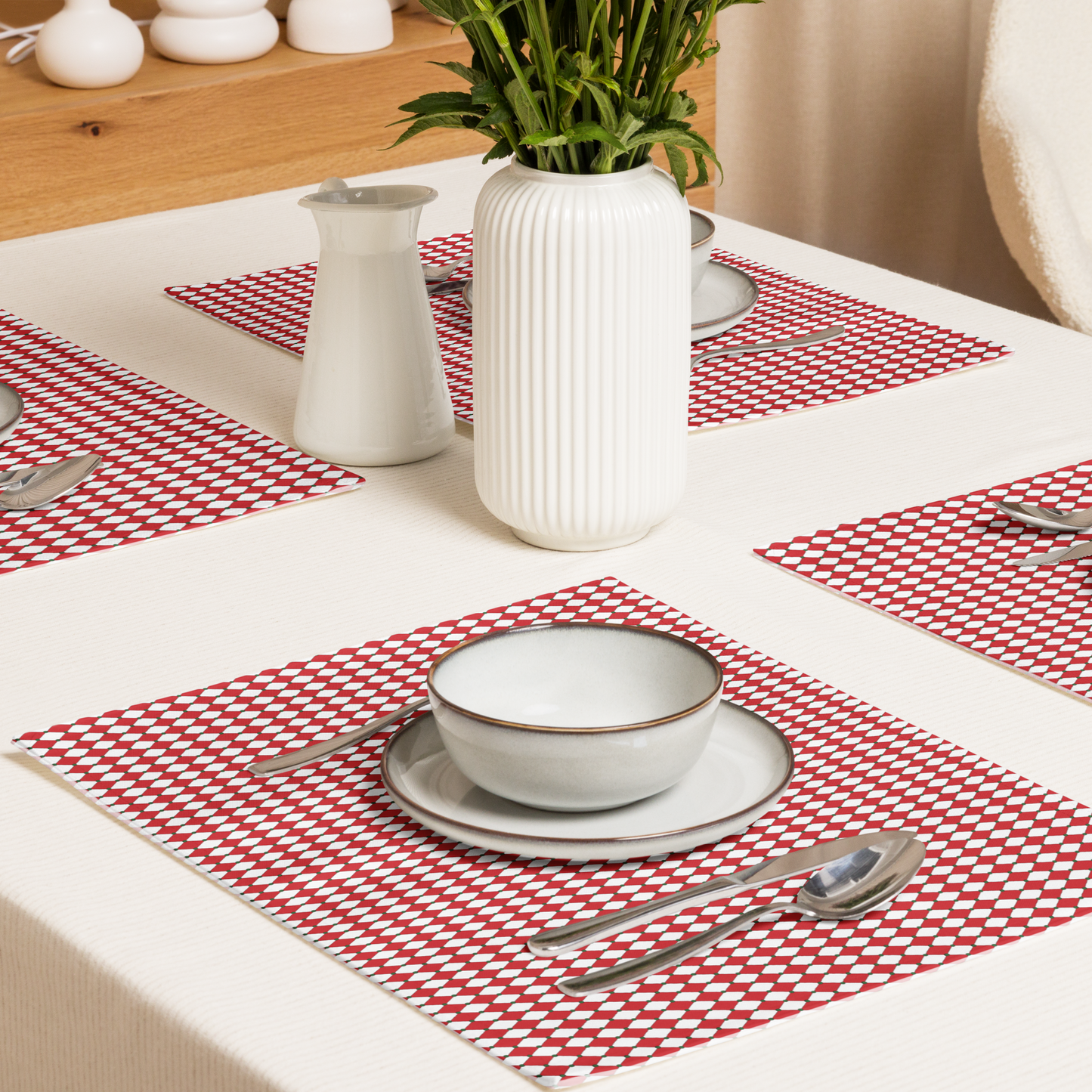 Nutcracker Drummer Red Argyle Polyester Placemats | Christmas Holiday Cloth Dining Mat Set, Festive Diamond Décor