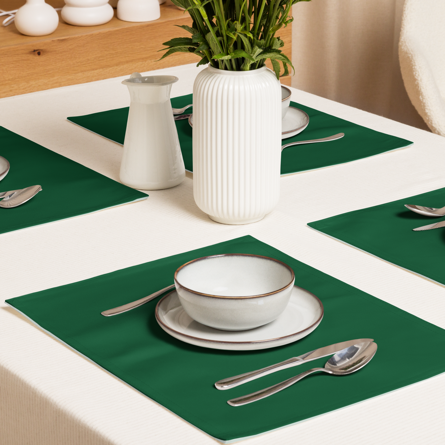 Green Holiday Placemat Set | 4 Washable Placemats, Festive Christmas Dining Table Decor