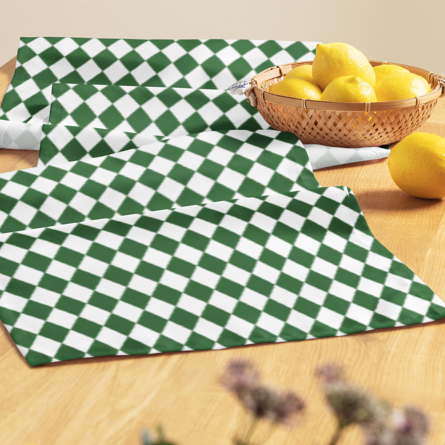 Green & White Argyle Christmas Table Runner | Classic Holiday Farmhouse Dining Room Decor, Festive Diamond Check Table Accent