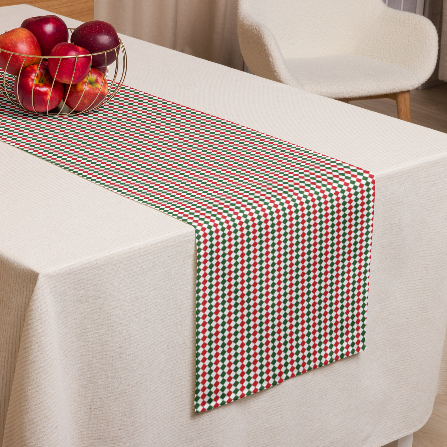 Red Green & White Argyle Christmas Table Runner | Festive Holiday Dining Room Decor, Rustic Diamond Check Accent