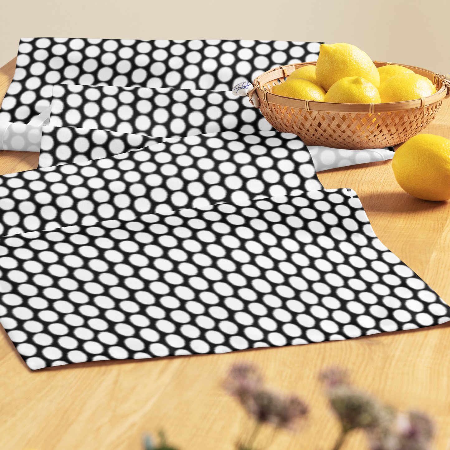 White Polka Dot on Black Christmas Table Runner | Bold Holiday Farmhouse Dining Décor, Modern Festive Spot Accent