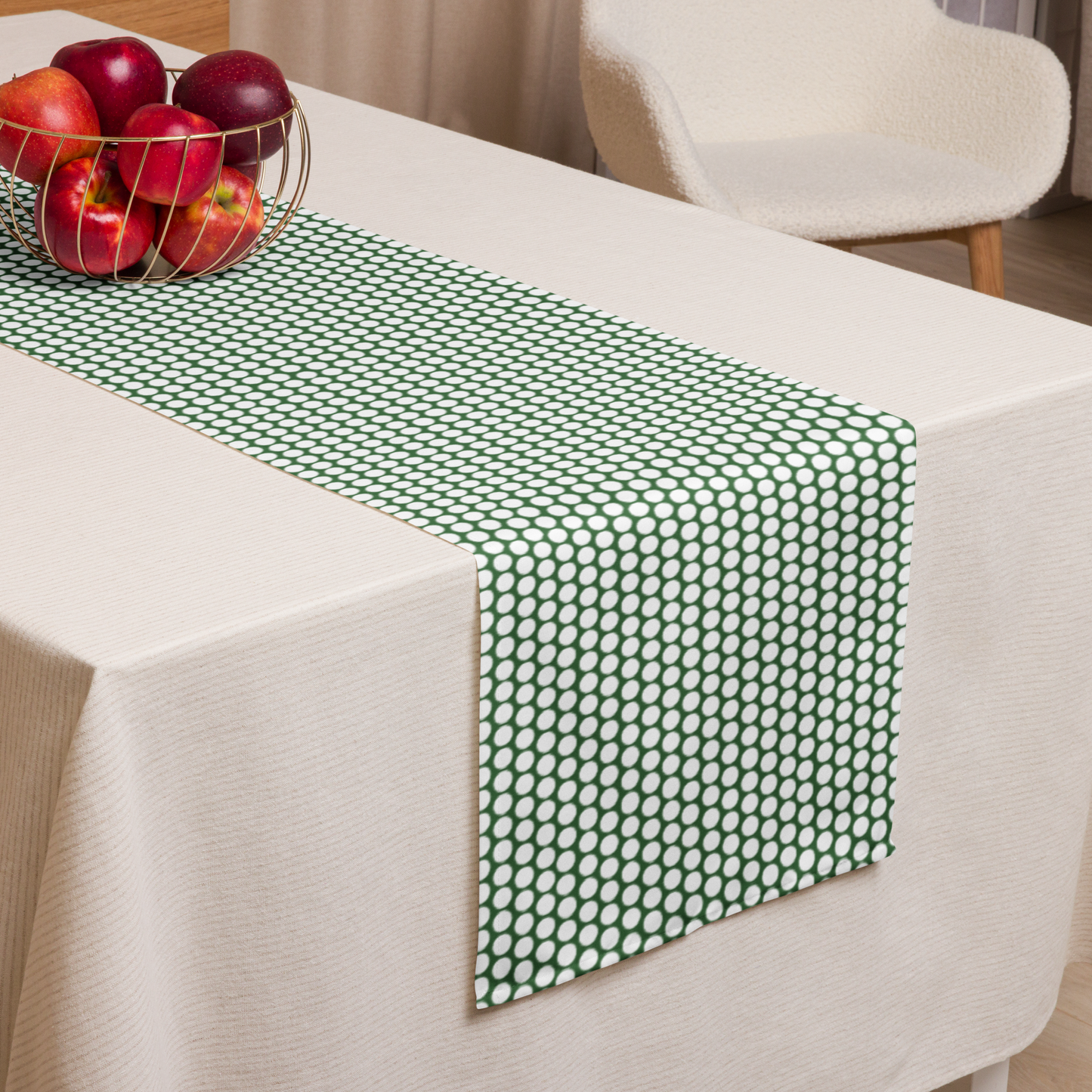 White Polka Dot on Green Christmas Table Runner | Festive Holiday Dining Décor, Rustic Farmhouse Spot Accent