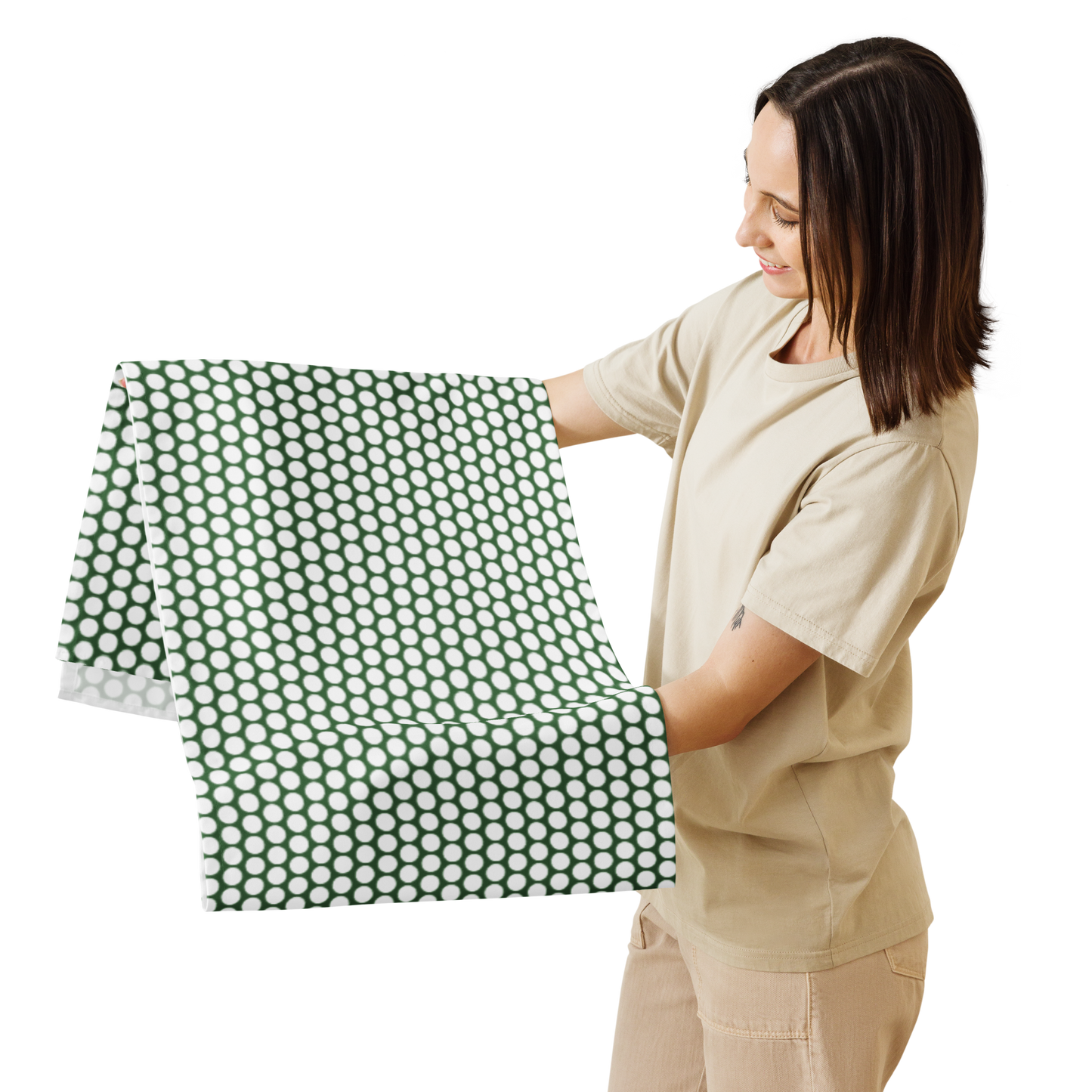 White Polka Dot on Green Christmas Table Runner | Festive Holiday Dining Décor, Rustic Farmhouse Spot Accent