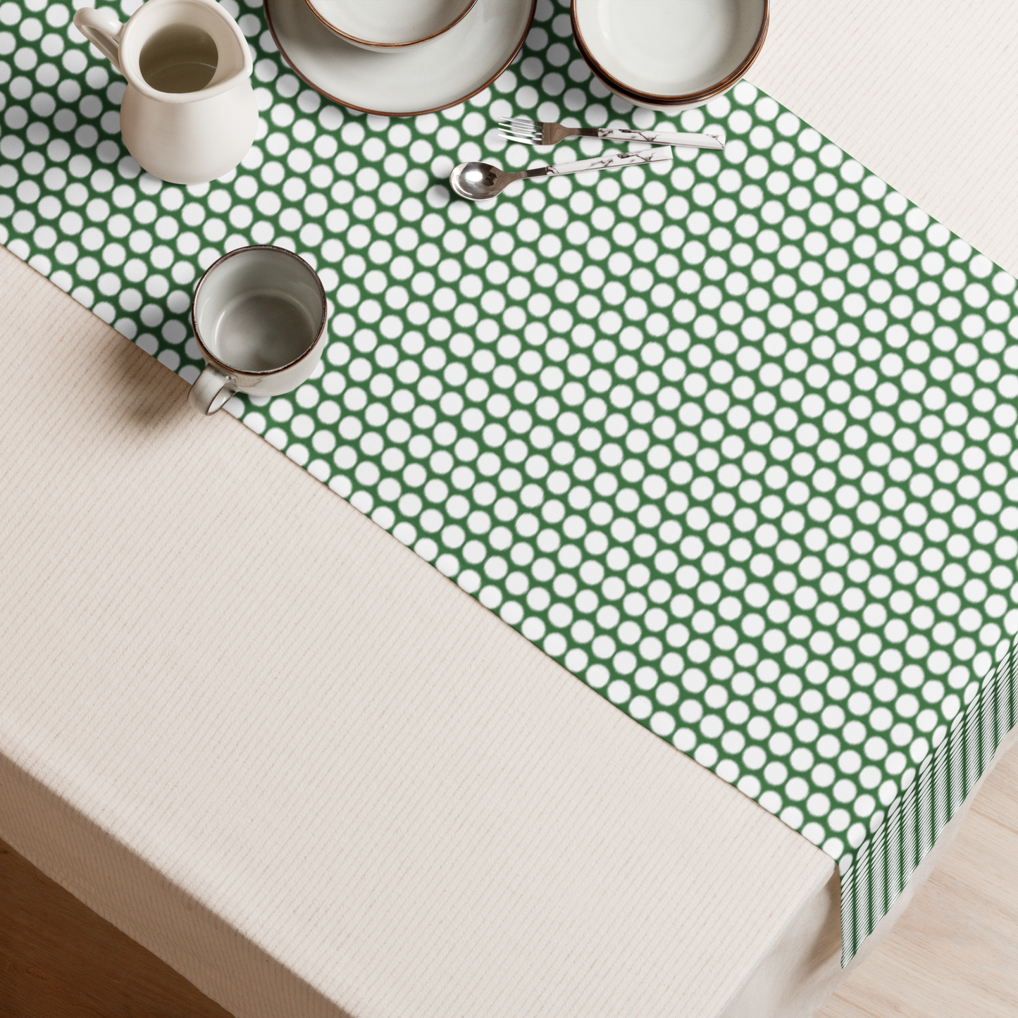 White Polka Dot on Green Christmas Table Runner | Festive Holiday Dining Décor, Rustic Farmhouse Spot Accent