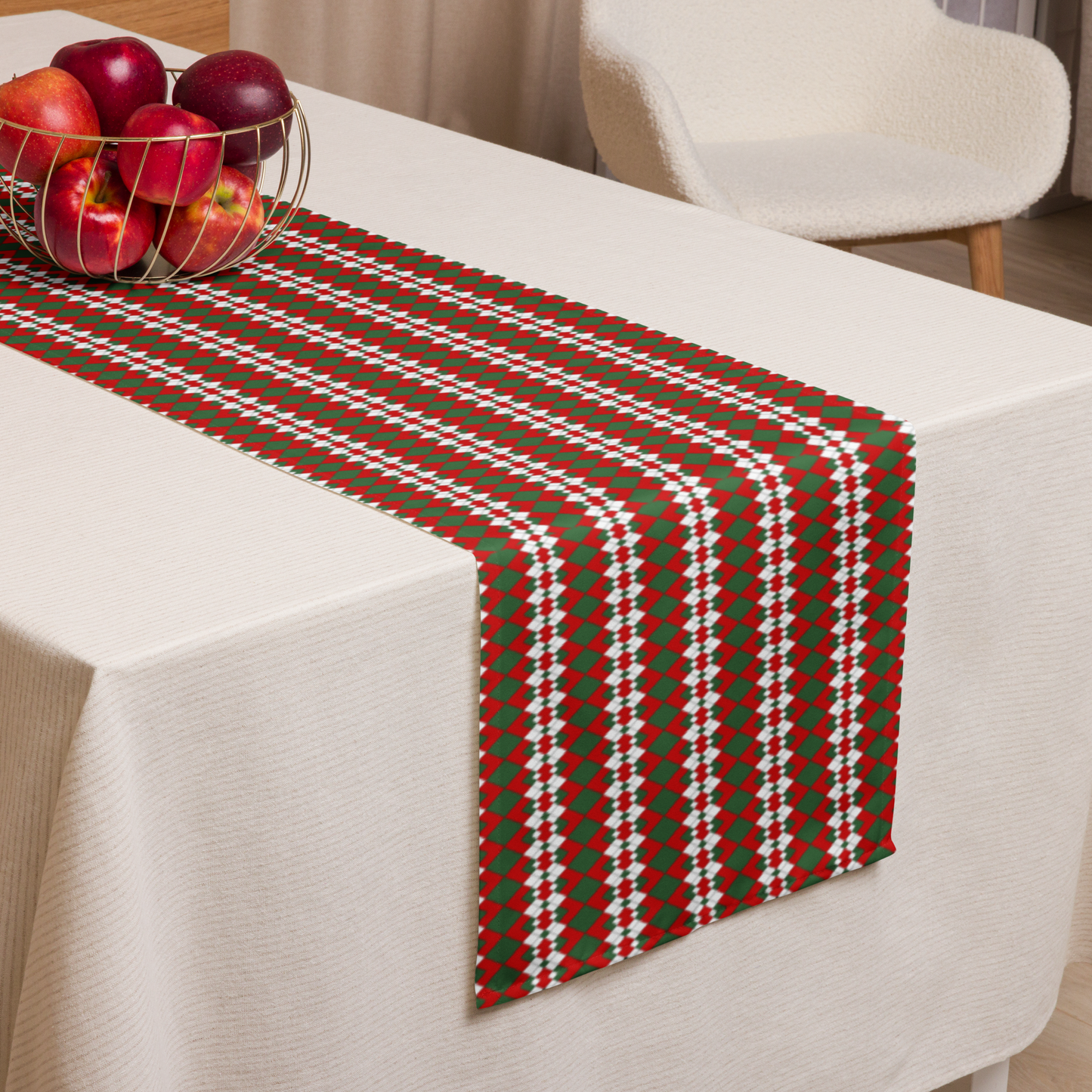 Extra Red Green & White Argyle Christmas Table Runner | Bold Holiday Dining Décor, Festive Farmhouse Diamond Check