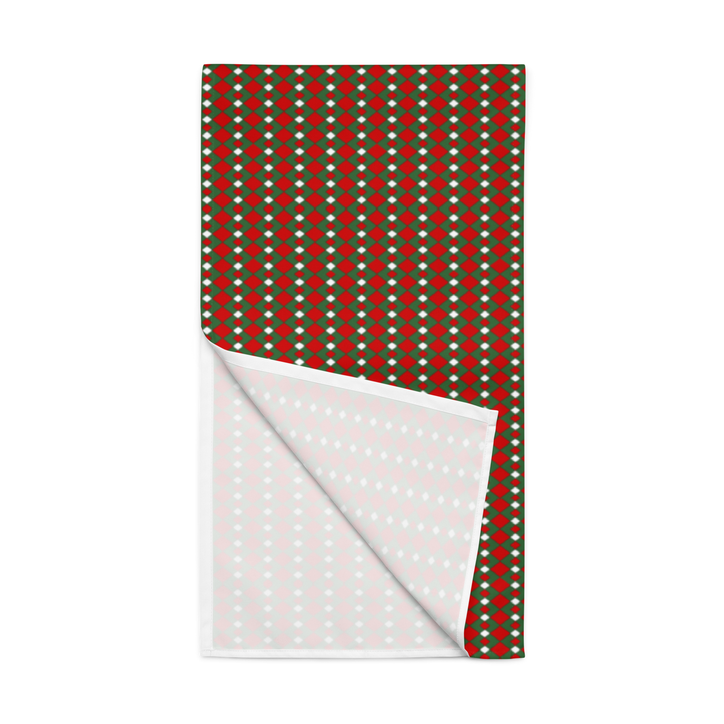 Fancy Red Green & White Argyle Christmas Table Runner | Festive Holiday Dining Décor, Rustic Farmhouse Diamond Check
